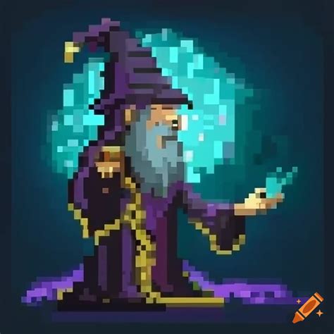 Pixel art of a magical wizard casting spells