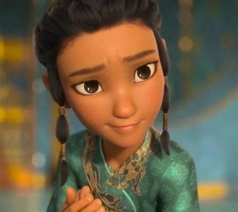 an animated character with black hair and big eyes, dressed in green ...