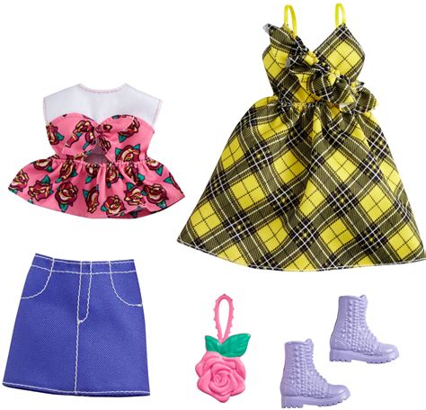 Barbie Fashions 2-Pack Clothing Set, 2 Outfits for Barbie Doll Include Yellow Plaid Dress ...