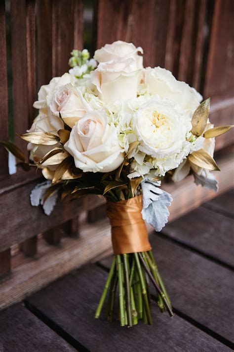 White Rose and Gold Leaf Bridal Bouquet | Gold wedding flowers, Gold wedding bouquets, White ...