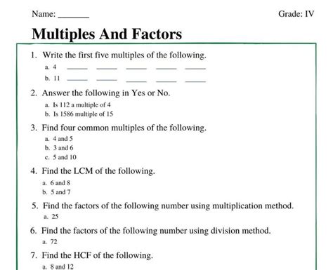 Multiples And Factors Class 4 Worksheet Pdf