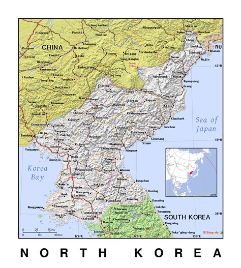 Detailed political map of North Korea with relief | North Korea | Asia ...