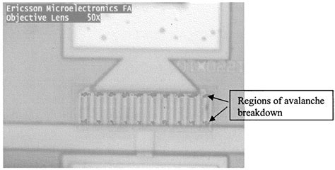 Emission micrograph of the transistor showing the avalanche breakdown... | Download Scientific ...