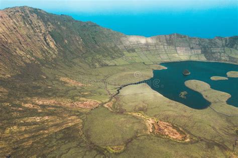 Aerial View of Volcanic Crater Caldeirao with a Beautiful Lake on the Top of Corvo Island ...