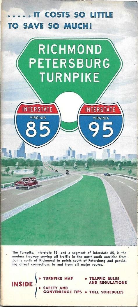 1963 Toll Road Map Brochure RICHMOND-PETERSBURG TURNPIKE Virginia I-95 ...