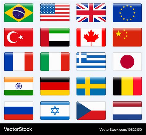 Set of popular country flags glossy rectangle Vector Image