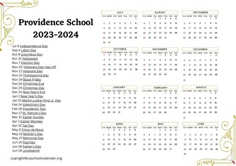 Providence School Calendar with Holidays 2023-2024