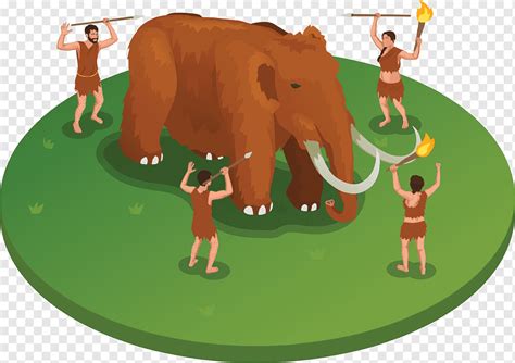 Isometric illustration with mammoth being attacked by group caveman ...