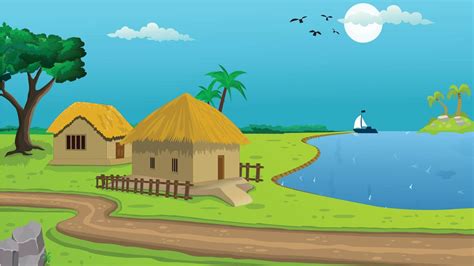 Village cartoon background illustration with sun, cottage, lake, trees, and narrow road ...