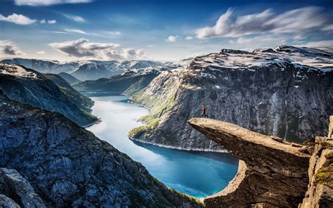 nature, Landscape, Fjord, Norway, Canyon, Cliff, Snow, Mountain, Clouds, Turquoise, Water ...