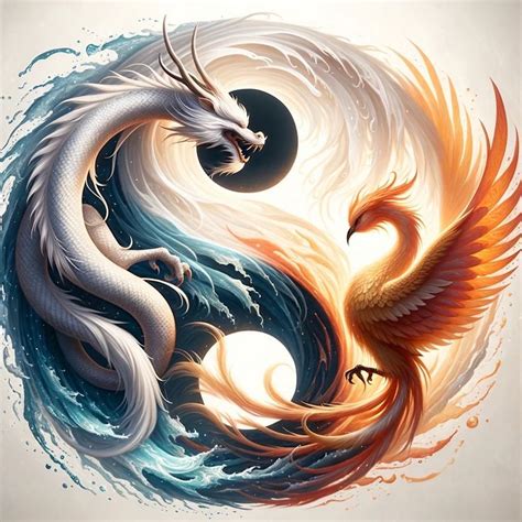 two white and orange dragon sitting on top of each other in front of an ocean wave