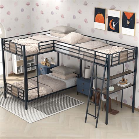 Buy Metal Triple Bunk Bed with Desk and Shelf, L-Shaped Bunk Bed for 3 ...