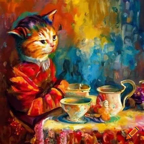 Colorful oil painting of cats having a tea party on Craiyon