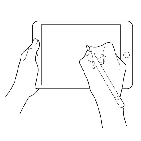 Hand drawing with a electronic pencil on a tablet touch device. Gesture icon for tablets. 608450 ...