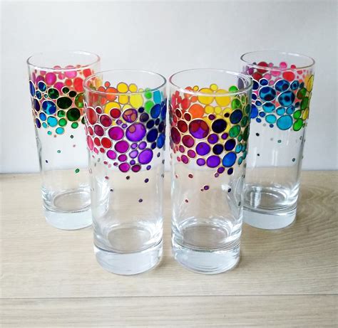 Rainbow drinking glasses set of 4 hand painted colored | Etsy