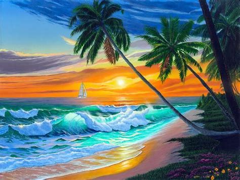 Beach Tropical Painting Palm Tree Canvas Art Large Paradise | Etsy | Beach scene painting ...