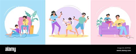 Family playing vr and video games flat concept set isolated vector illustration Stock Vector ...