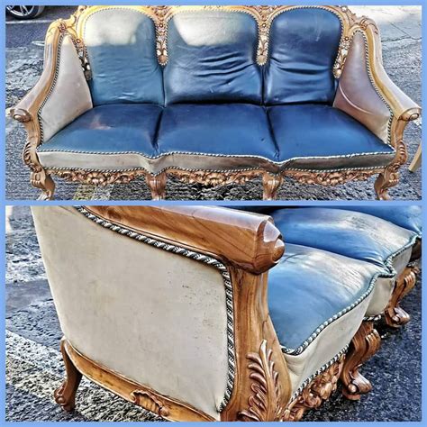 Ornate Leather/Wood/Fabric Sofa £275 3 Seater Sofa 82 x 28 x 44 Inches | Furniture accessories ...