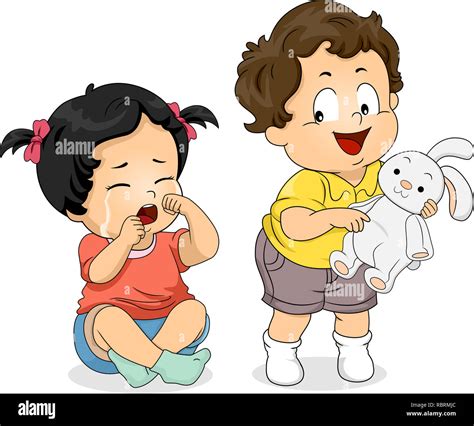 Illustration of a Kid Boy Not Sharing His Bunny Toy to a Crying Kid ...