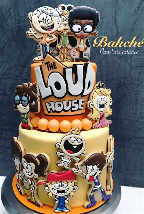 a three tiered cake with cartoon characters on the top and bottom layer that says the loud house