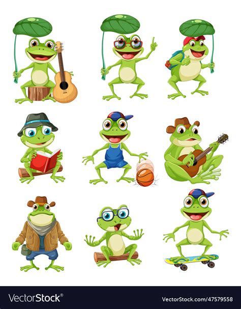 Green frog cartoon characters collection Vector Image