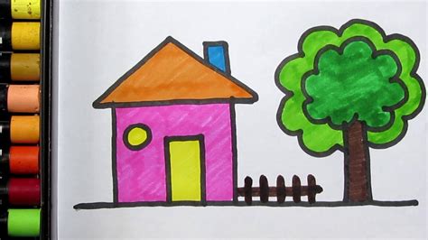 How to Drawing House and Garden Easy for Kids | Cute House Drawing form Shapes for Kids | House ...