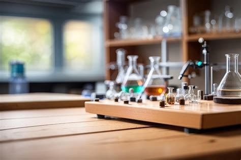 Premium Photo | A wooden board in front of a defocused science laboratory scientific equipment