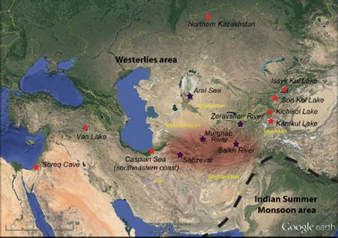 1 Location of the Oxus civilization and of the mentioned palaeoclimatic... | Download Scientific ...