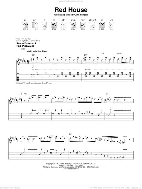 Red House sheet music for guitar solo (easy tablature) (PDF)