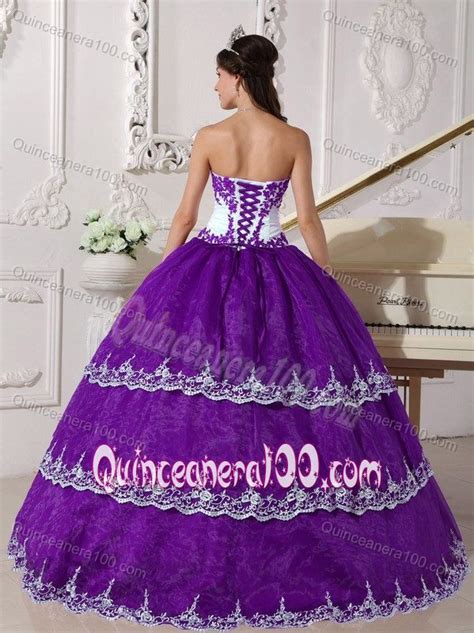 Fashionable Purple and White Organza Sweet 15 Dresses with Appliques ...