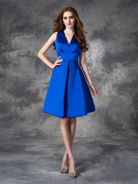 A-line/Princess V-neck Ruched Sleeveless Short Satin Bridesmaid Dresses ...