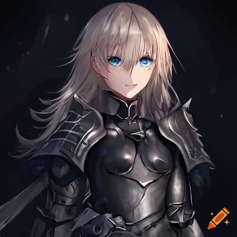 Blond wolf cut hair, blue eyes, black armor, girl, portrait, anime style, hd on Craiyon