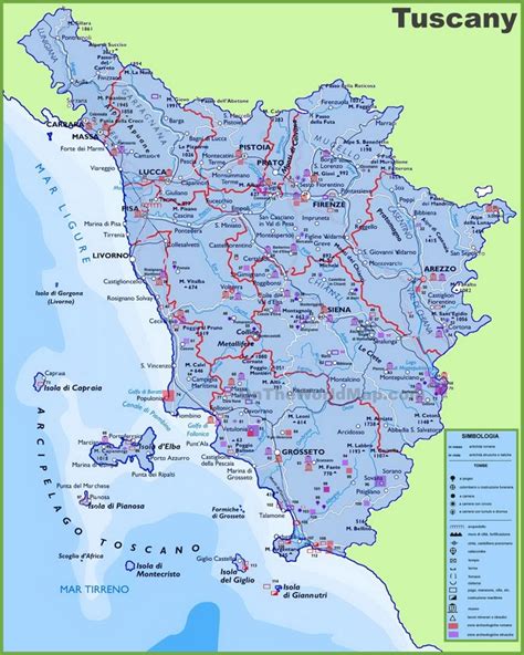 Large detailed travel map of Tuscany with cities and towns