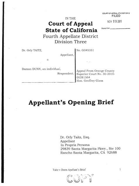 TAITZ v DUNN (APPEAL - CA 4th APPELLATE DISTRICT) - Appellant's Opening ...