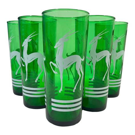 1940s Hazel-Atlas Art Deco Green Collin Glasses- Set of 5 | Chairish