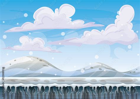 cartoon vector snow landscape background with separated layers for game ...