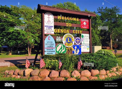 Genoa City, Wisconsin, USA. Welcome sign at the city limits displays ...