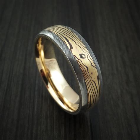 Damascus Steel Men's Ring with Yellow Gold Mokume and Yellow Gold Slee ...