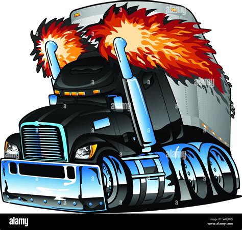 Semi Truck Tractor Trailer Big Rig, Exhaust, Lots of Chrome, Cartoon Isolated Vector ...