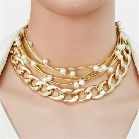 Gold Color Metal Chunky Chain Necklace Simulated pearl Chokers ...