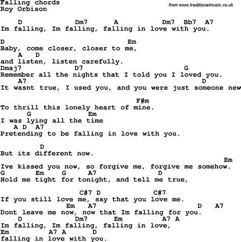 Song lyrics with guitar chords for Falling