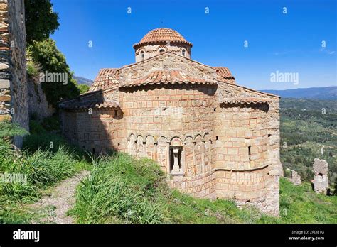 Byzantine church in medieval city of Mystras, Greece. Castle of Mistras. Mistras was a Byzantine ...