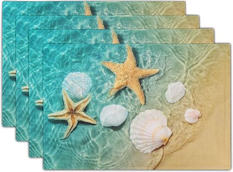 Seashell Starfish Placemats Set of 4 Washable Linen Beach Place Mats 12x18inch Ocean Blue Table ...