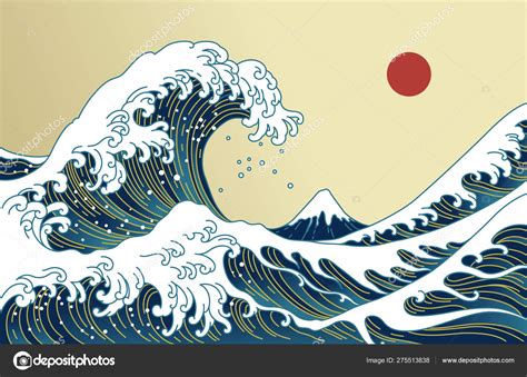 Big Asian Ocean Wave Red Sun Mountain Illustration Golden Color Stock ...