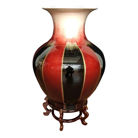 Porcelain Oxblood and Black Floor Vase on Stand | Chairish