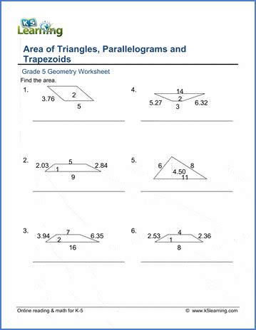 Grade 5 Worksheets: Area of triangles, parallelograms, trapezoids | K5 ...