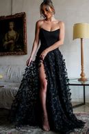 Black Strapless A Line Lace Prom Dresses with Slit