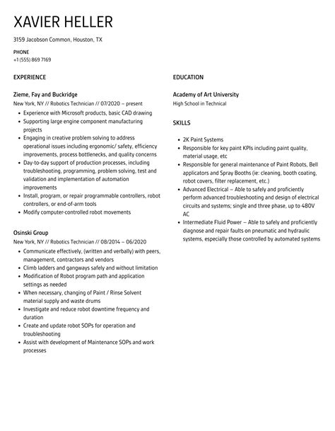 Robotics Technician Resume Samples | Velvet Jobs