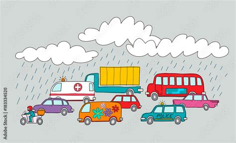 Vector illustration of a traffic jam in a rainy day. Cartoon style ...