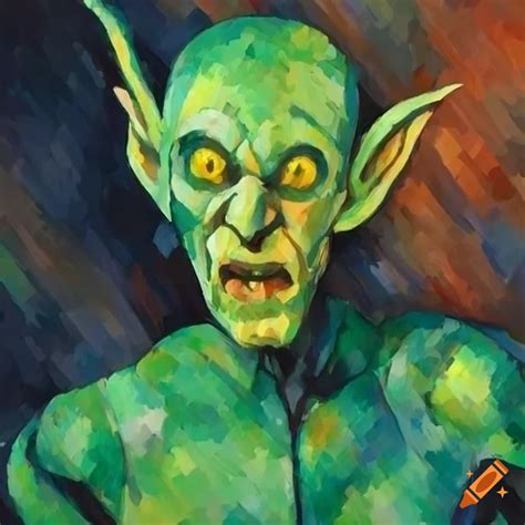 Painting of a green goblin with yellow eyes in cezanne style on Craiyon